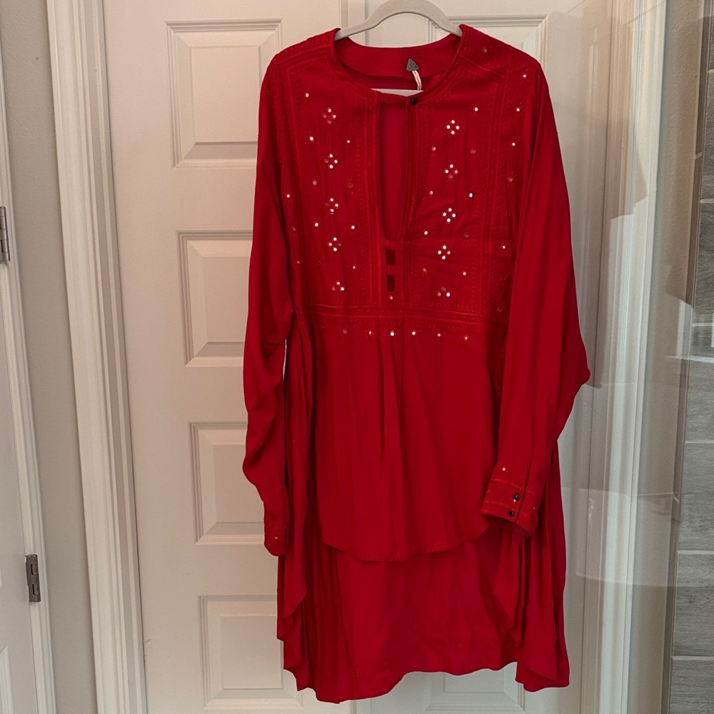 Free People Red Embroidered Tunic Top